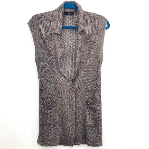 Pierre Cardin Metallic Bronze Knit Sleeveless Holiday Cardigan Sweater Vest - Picture 1 of 15